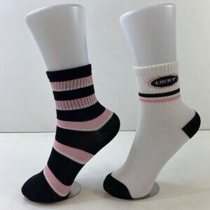 Womens Crew Socks Set 2 Stripes "Locky" Logo Black Pink White